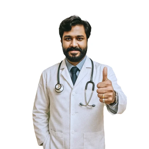 Dr. Manash Mandal in a white coat giving a thumbs-up